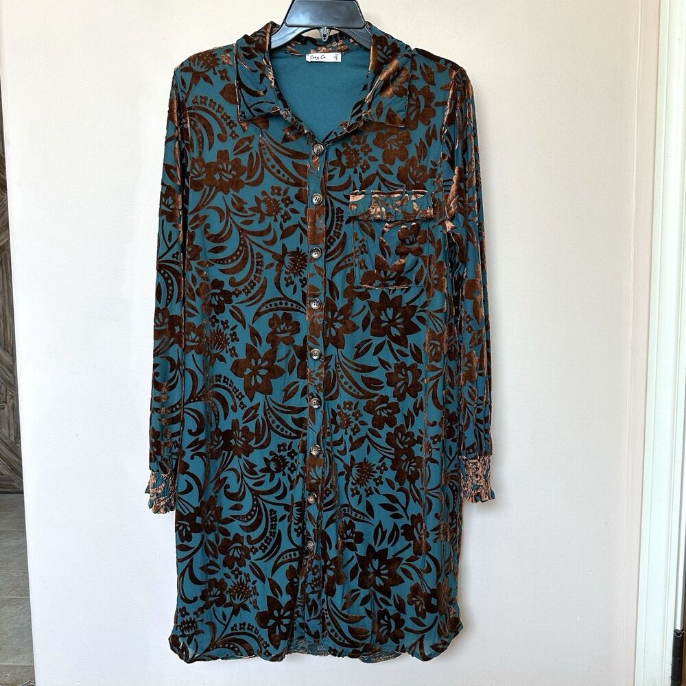 Cozy Co Mini Dress S Velvet Burnout Turquoise Brown Floral Fairy Western Whimsy